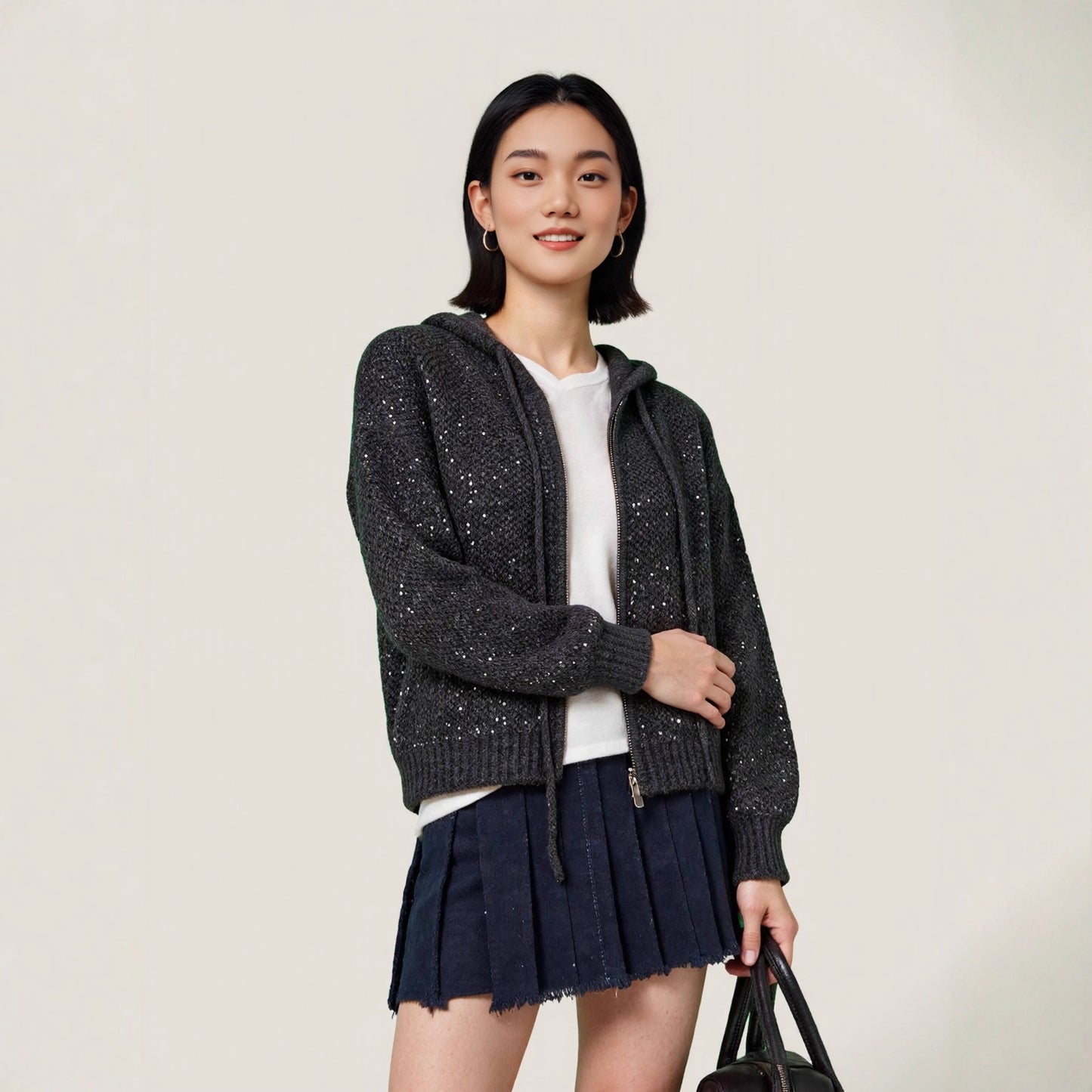 Thick Zipper Hooded Wool-Blend Cardigan Women's Lazy Style Sweater Knit Jacket with Sequins