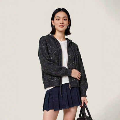 Thick Zipper Hooded Wool-Blend Cardigan Women's Lazy Style Sweater Knit Jacket with Sequins