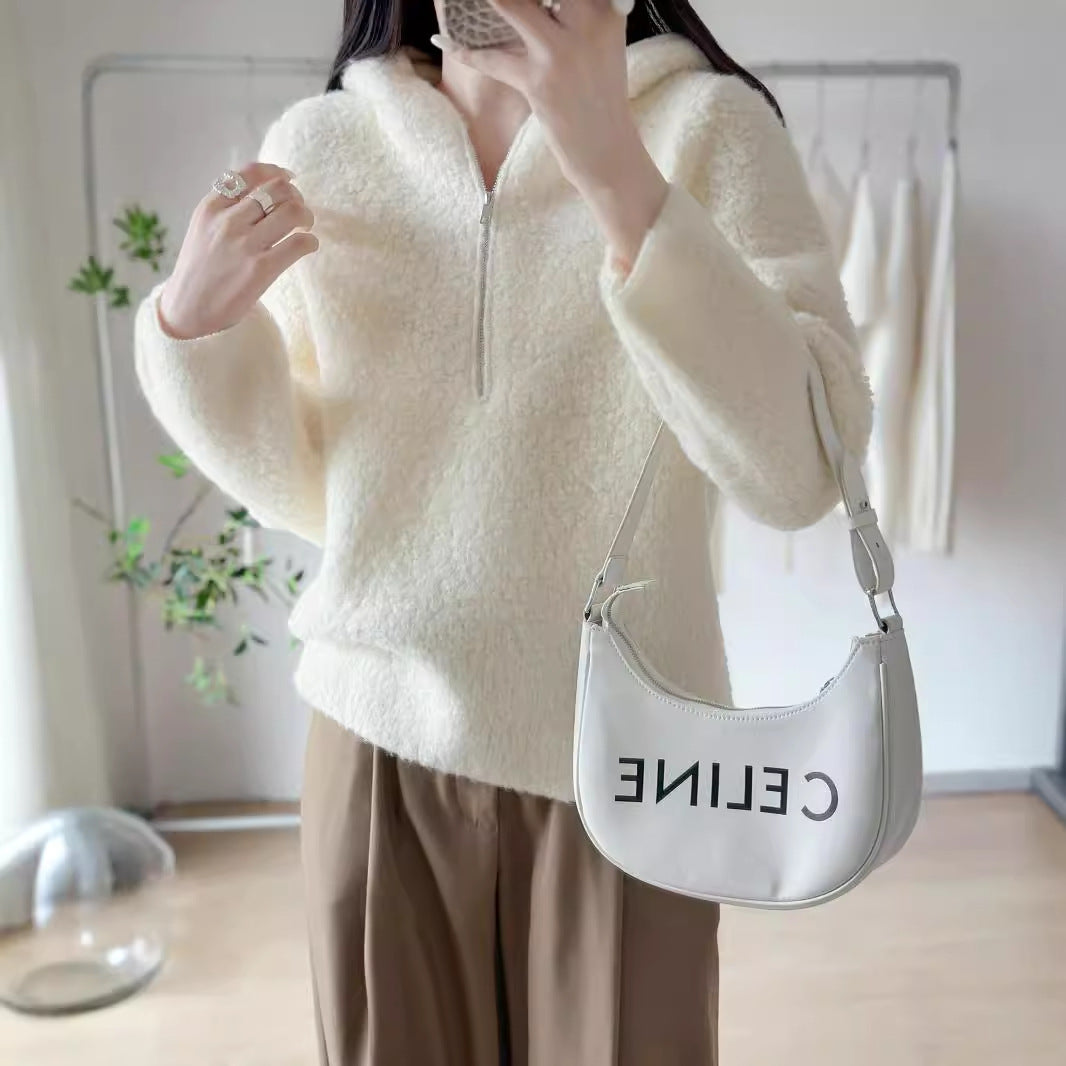 Wool Autumn Winter Lazy Style Casual Warm Sweater Elegant Versatile Hooded Sweatshirt Knitwear Women
