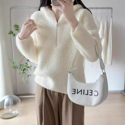 Wool Autumn Winter Lazy Style Casual Warm Sweater Elegant Versatile Hooded Sweatshirt Knitwear Women