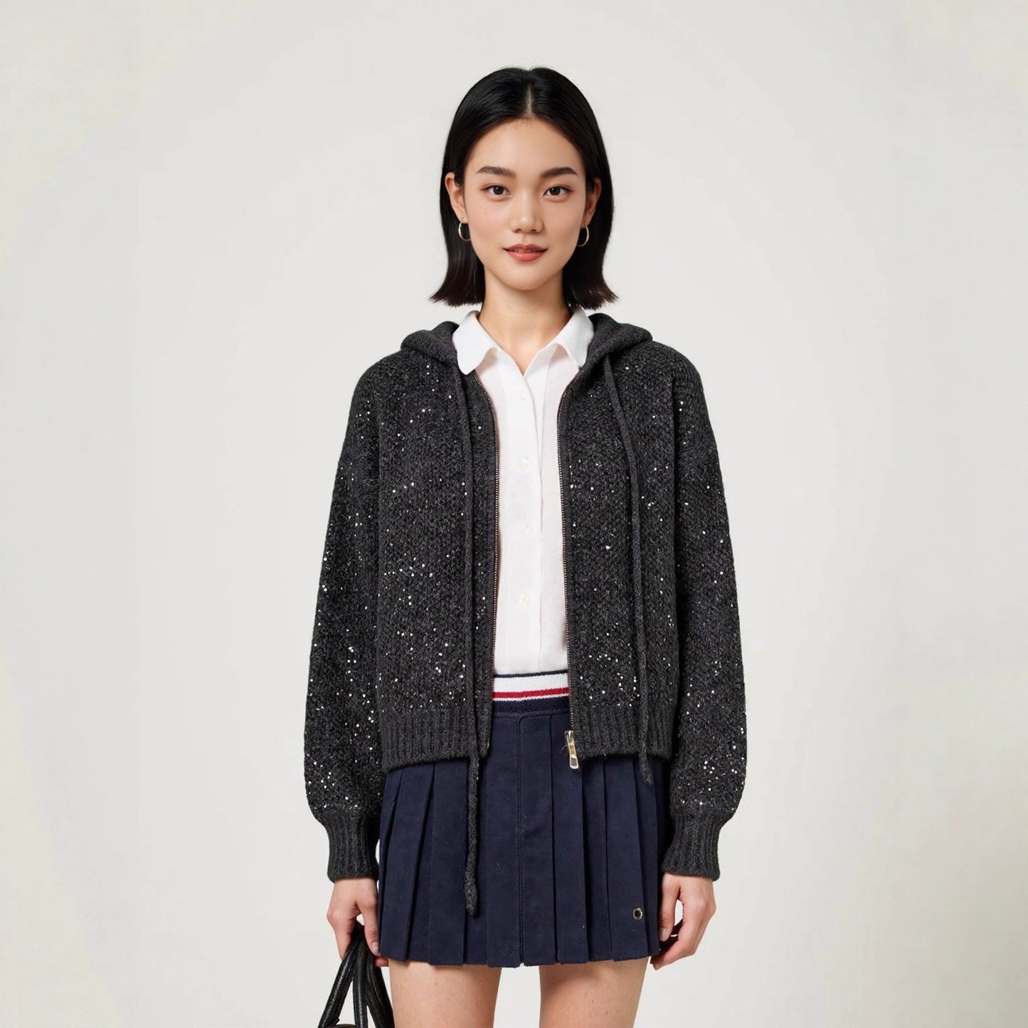 Thick Zipper Hooded Wool-Blend Cardigan Women's Lazy Style Sweater Knit Jacket with Sequins