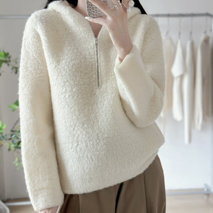 Wool Autumn Winter Lazy Style Casual Warm Sweater Elegant Versatile Hooded Sweatshirt Knitwear Women