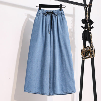 Fashionable And Comfortable Large Size Women's Lace-Up Ultra-Thin Fabric Elastic Waist Casual Denim Cropped Pants
