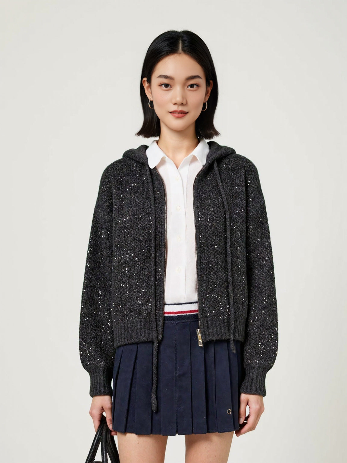 Thick Zipper Hooded Wool-Blend Cardigan Women's Lazy Style Sweater Knit Jacket with Sequins