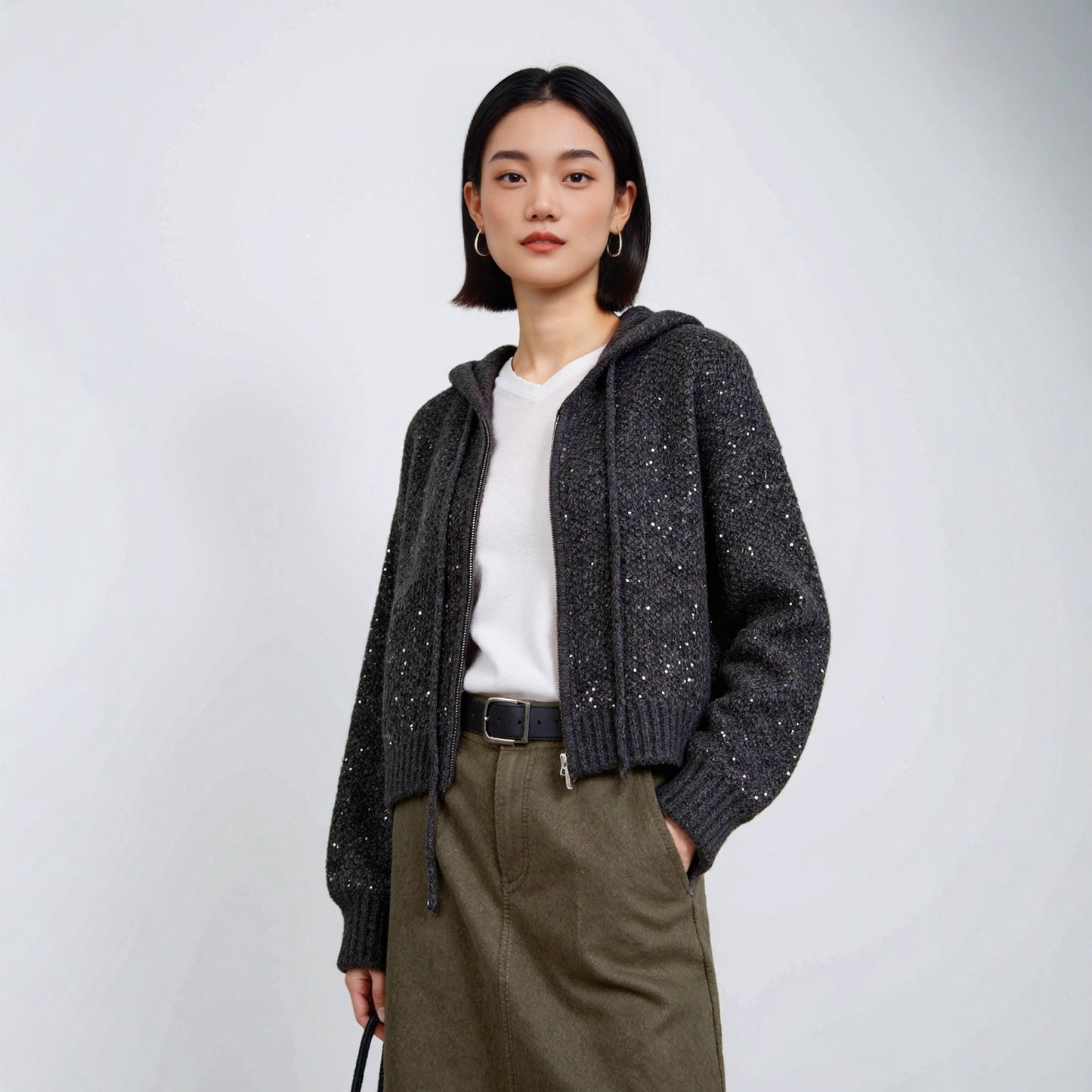 Thick Zipper Hooded Wool-Blend Cardigan Women's Lazy Style Sweater Knit Jacket with Sequins