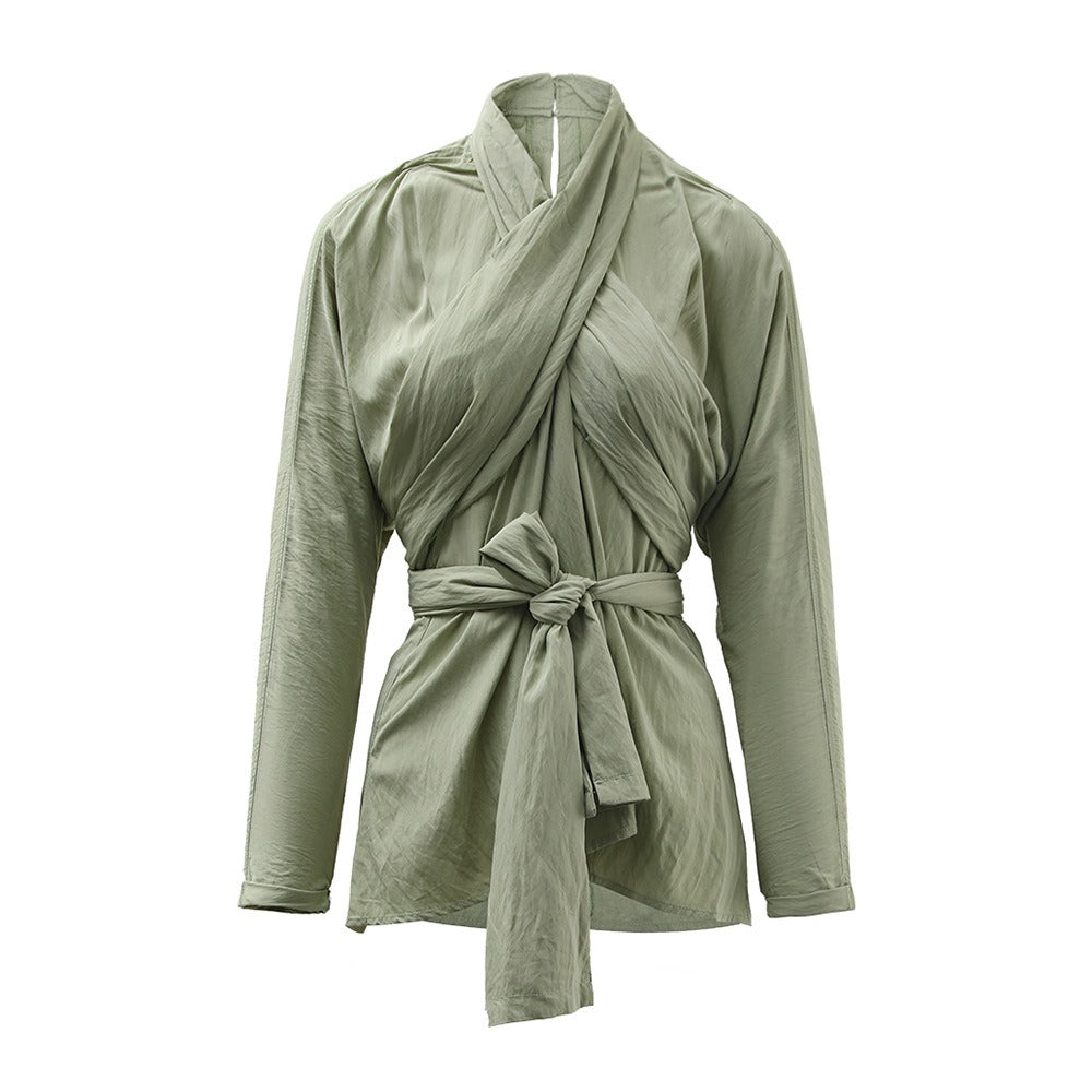 French retro cross tie top, women's autumn new style, personalized design sense, irregular slim fit, slimming shirt