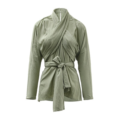 French retro cross tie top, women's autumn new style, personalized design sense, irregular slim fit, slimming shirt