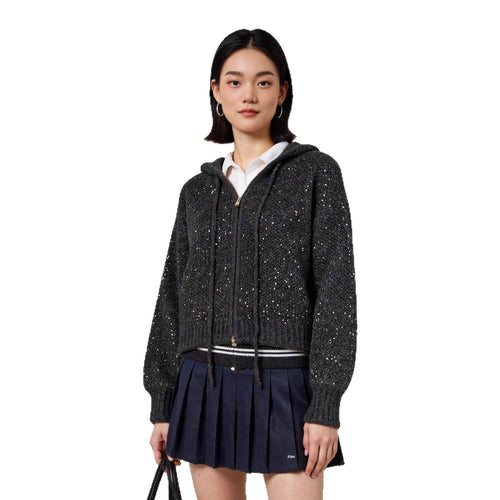 Thick Zipper Hooded Wool-Blend Cardigan Women's Lazy Style Sweater Knit Jacket with Sequins