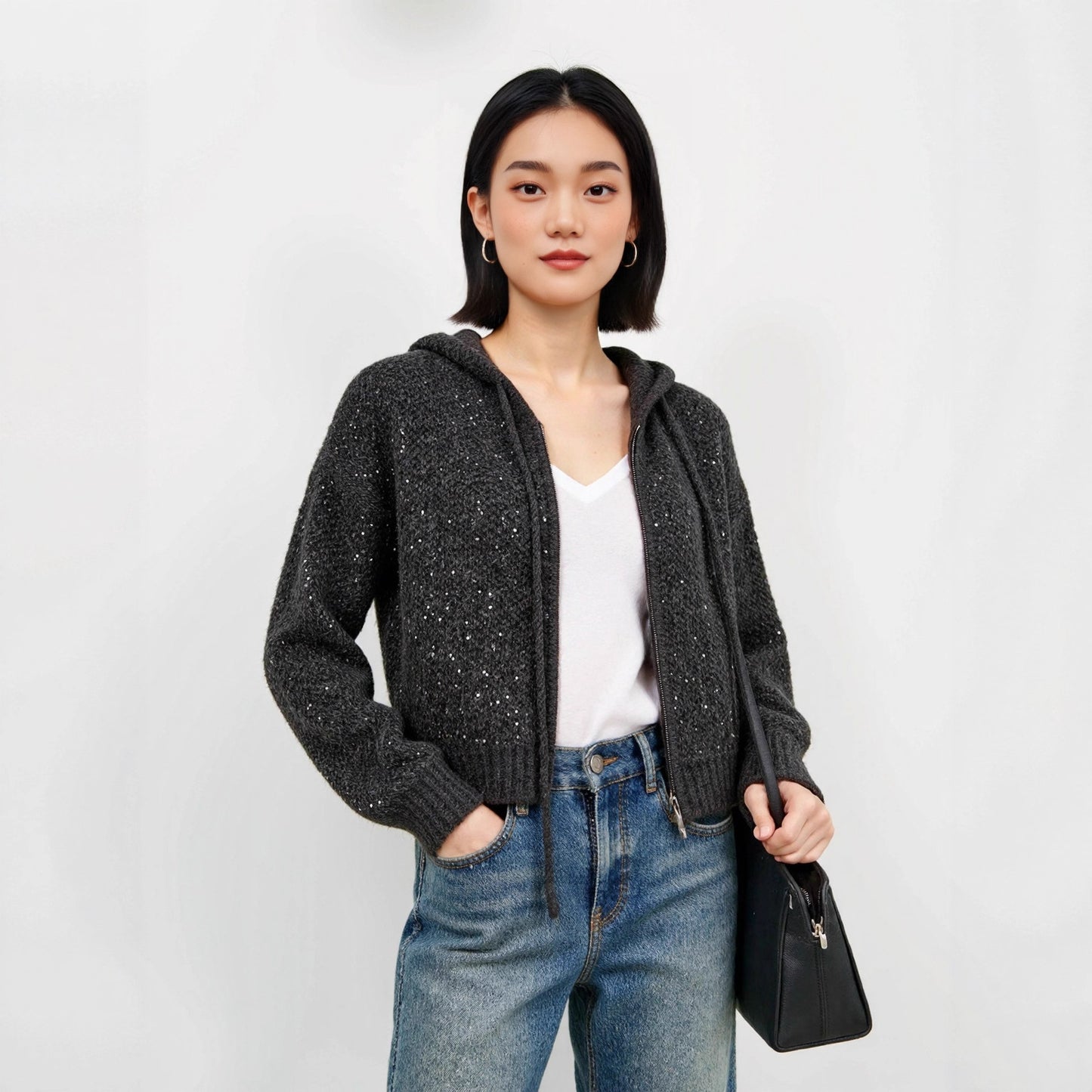 Thick Zipper Hooded Wool-Blend Cardigan Women's Lazy Style Sweater Knit Jacket with Sequins