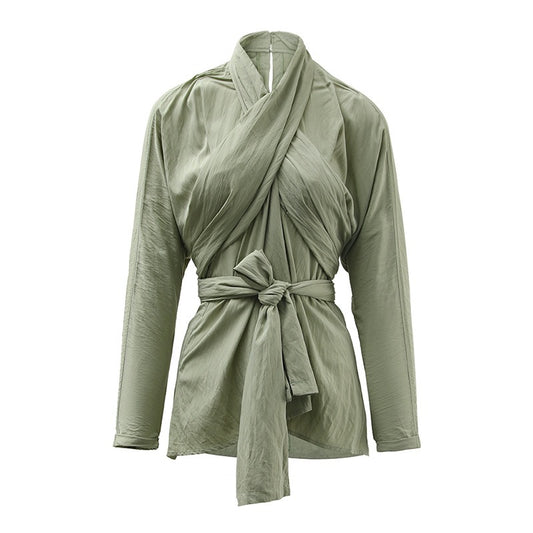 French retro cross tie top, women's autumn new style, personalized design sense, irregular slim fit, slimming shirt