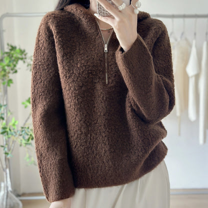 Wool Autumn Winter Lazy Style Casual Warm Sweater Elegant Versatile Hooded Sweatshirt Knitwear Women