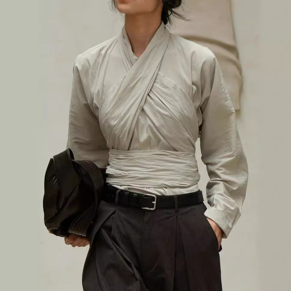 French retro cross tie top, women's autumn new style, personalized design sense, irregular slim fit, slimming shirt