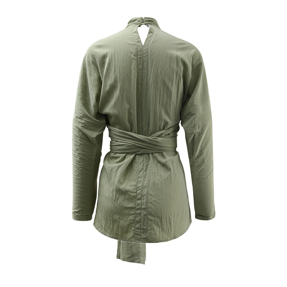 French retro cross tie top, women's autumn new style, personalized design sense, irregular slim fit, slimming shirt