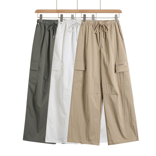 High waisted elastic drawstring loose wide leg pants